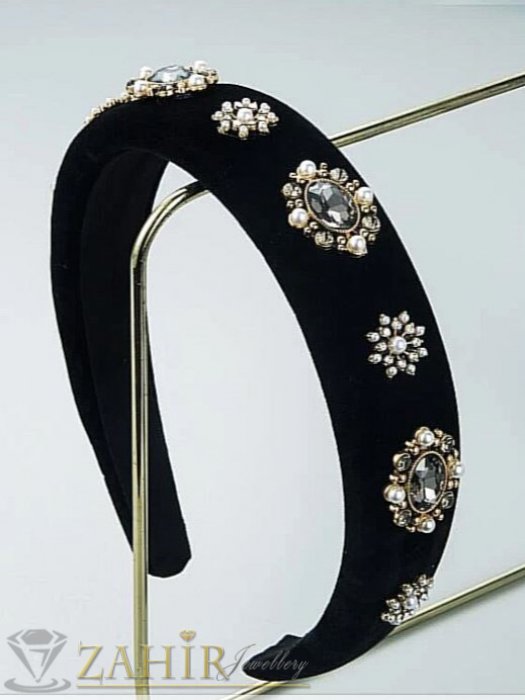 Аксесоари за коса - Бутикова черна диадема от велур със златисти орнаменти с кристали и перли , широка 3 см, ръчна изработка- D1206